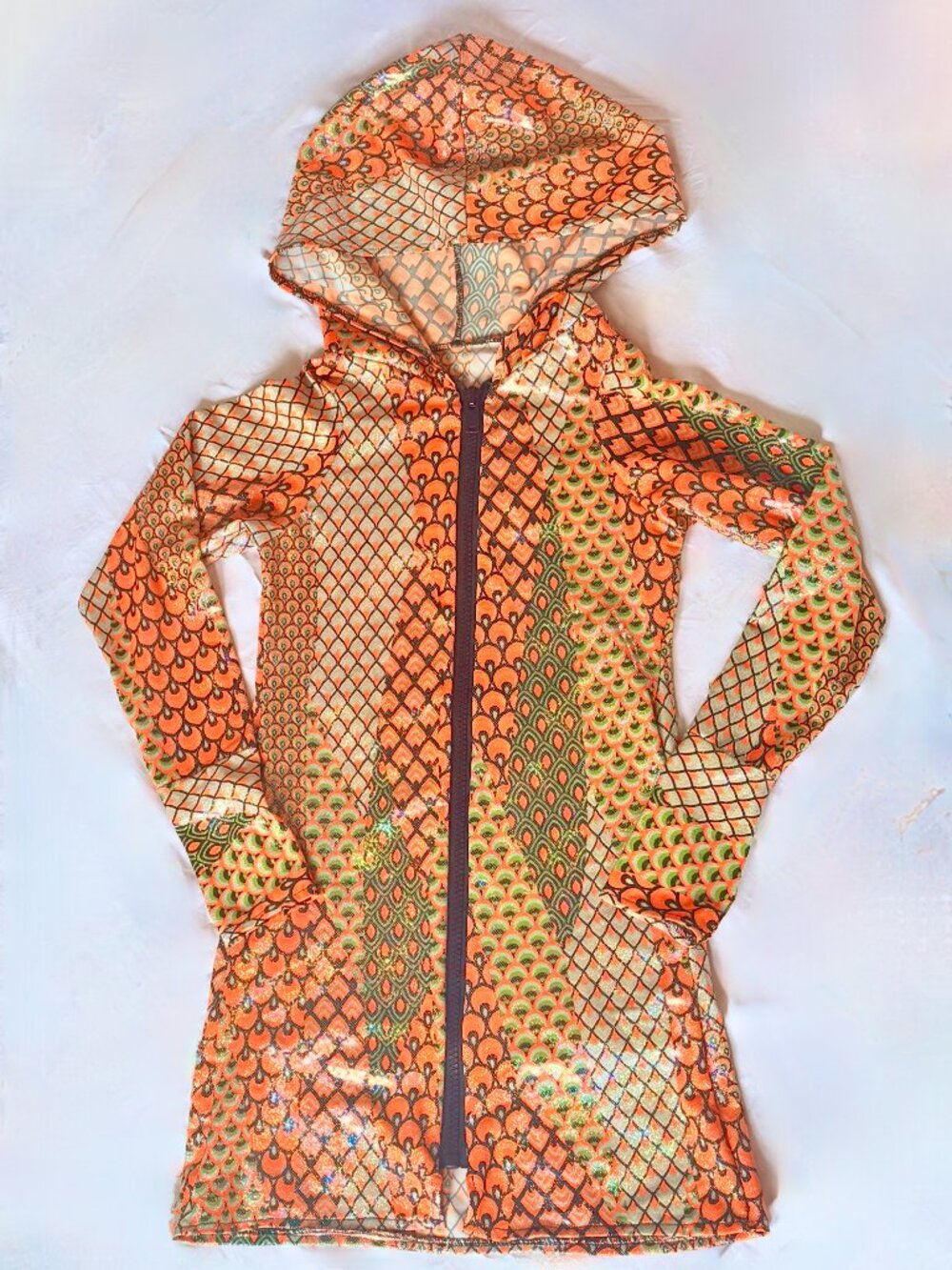 Orange Cosmic Mermaid Holographic Hoodie Peacock Holographic UV reactive S/M